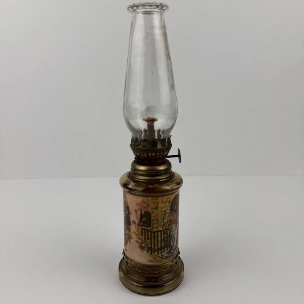 Vintage Oil Lamp Amber Glass Made in Hong Kong Jesus Knocking On The Door 1970s